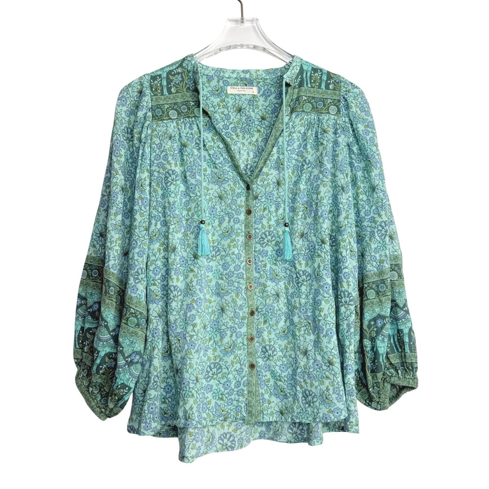 Spell & The Gypsy Sundown Floral Blouse Womens XS Turquoise Boho Oasis Top